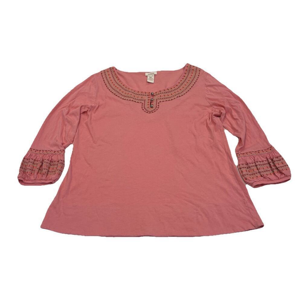SUNDANCE Womens Coral Orange Embroidered 3/4 Sleeve Blouse L Western Prairie